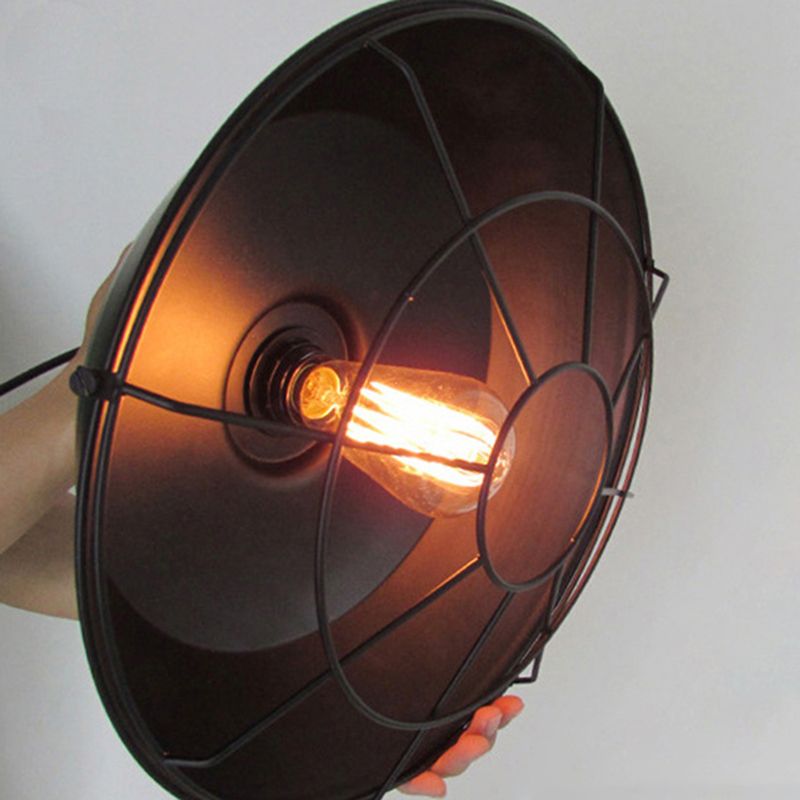 1-Light Wrought Iron Lid Shaped Hanging Light Retro Industry Style Iron Cage Shade Pendant Lamp for Restaurant