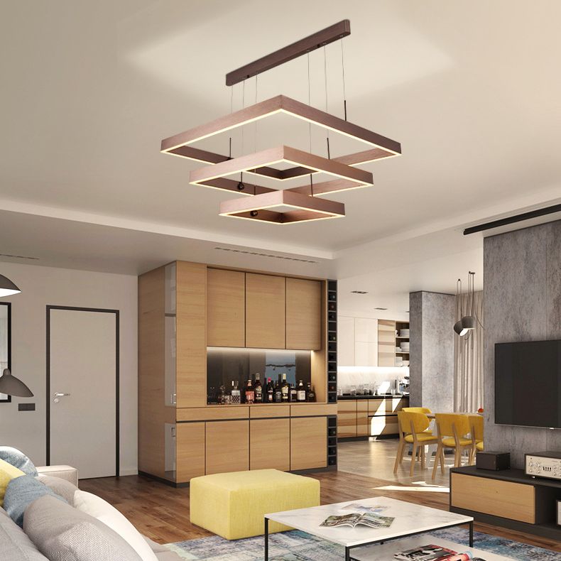 3-Tier Square LED Pendant Light Modern Metal Coffee Finish Chandelier for Living Room