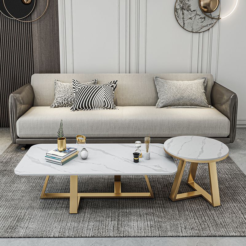 Glam Rectangle Stone Top Coffee Table with Iron Cross Legs Coffee Table