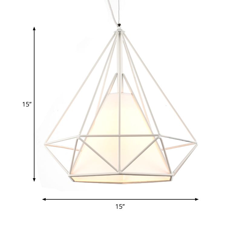 1 Head Wire Frame Hanging Pendant Light with Fabric Shade Loft White Metal Ceiling Lighting for Coffee Shop