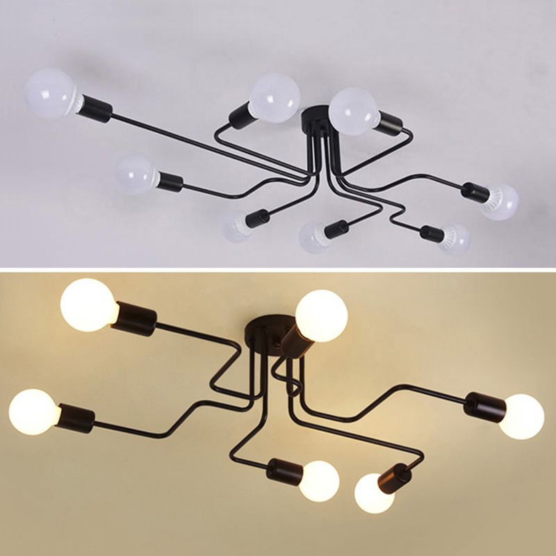 Black Bare Bulb Ceiling Lighting Retro Iron Angled Tangle Semi Flush Mount Lighting for Living Room