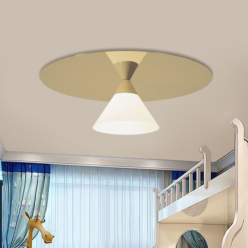 Brass Disk Flush Mount Lighting Post-Modern 1 Bulb Metal Ceiling Flush Light with Bottom Cone White Glass Shade