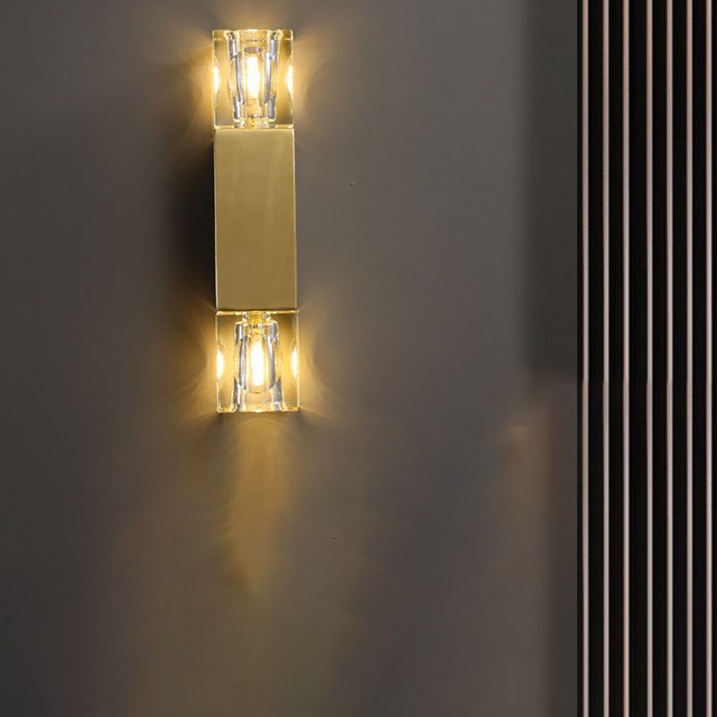 Modern Brass Wall Light Cuboid 12.5" High Wall Sconce with Crystal for Living Room