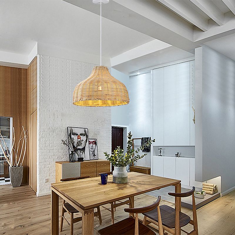 Pot Cover Restaurant Ceiling Light Rattan 1 Bulb Asian Style Hanging Light Fixture