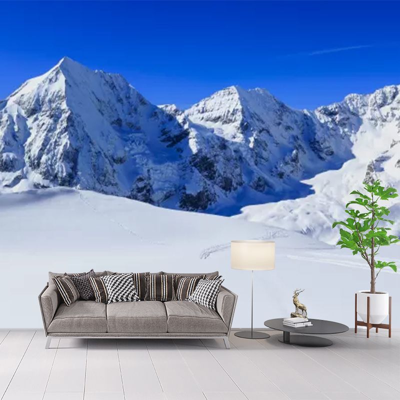 Full Size Snow Scenery Mural for Bedroom Straight Road to Mountain Pattern Wall Decor in Blue-White, Waterproof