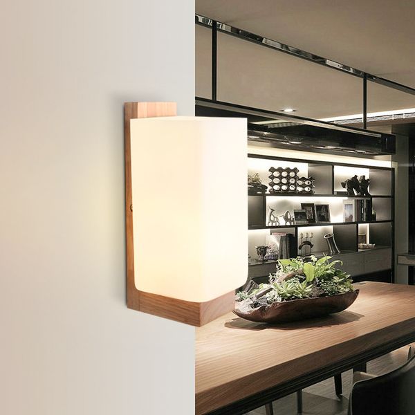 Modern Creative Wall Lamp Wooden Geometric Wall Light with Glass Shade