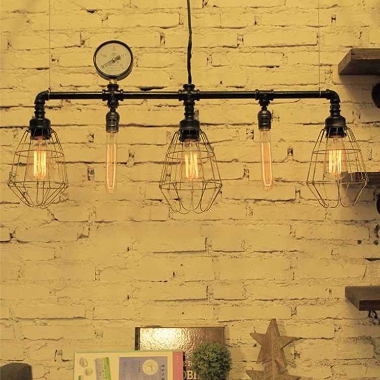 Metal Piping Island Ceiling Light with Wire Guard and Gauge Industrial 5 Bulbs Dining Room Pendant Lighting in Black