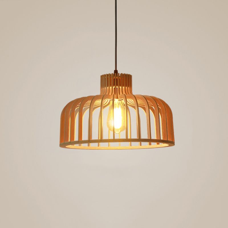 Cage Shaped Wooden Pendant Minimalism 1 Bulb Beige Suspension Lighting for Restaurant
