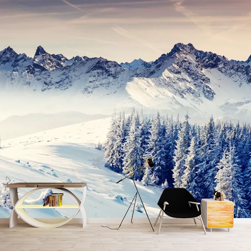Grey-White Modern Wall Murals Full Size Snowy Pine Trees and Mountain Wall Art for Home