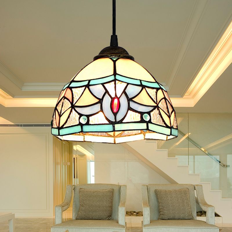 Stained Glass Mini Pendant Light with Cord Tiffany 1 Light Bedroom Hanging Lamp in Antique Bronze