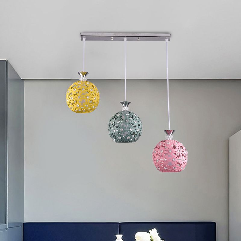 Green-Yellow-Pink Globe Cluster Pendant with Floret Design Modern 3-Head Iron Hanging Lighting