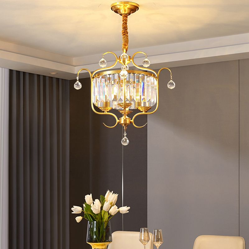 Gold Drum Shaped Suspension Lighting Traditional Crystal 4-Bulb Restaurant Chandelier Light