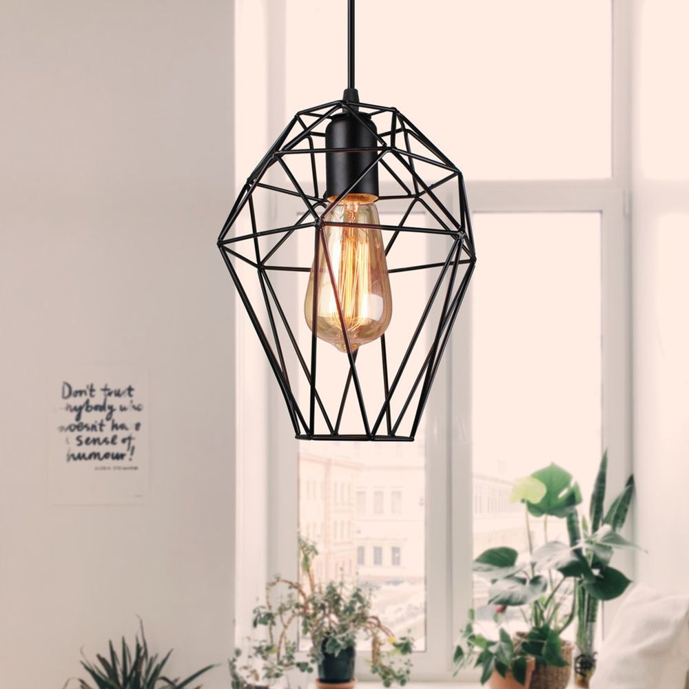 1 Head Wire Cage Ceiling Pendant Light Industrial Black Metallic Ceiling Fixture with Geometric Shade