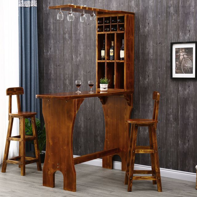 Brown Pine Wood Bistro Table with Wine Holder Pub Table for Bar