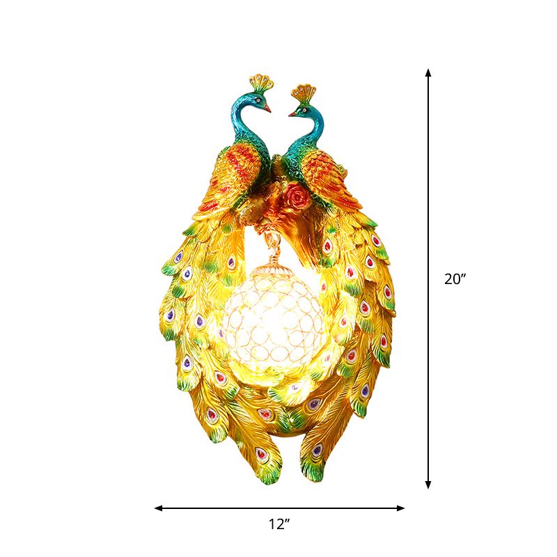 Lampada a parete singola gialla a parete vintage in resina a doppia parete di pavone lampada da parete con tonalità libera con cristallo smusso