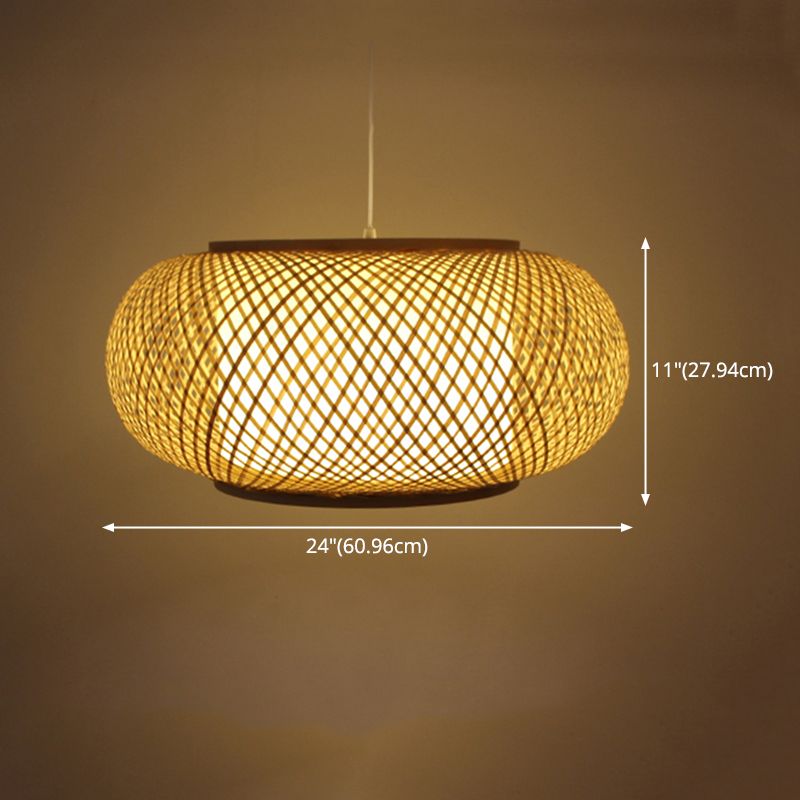 Asia Drum Pendant Light 1-Light Beige Hanging Ceiling Light for Dining Room