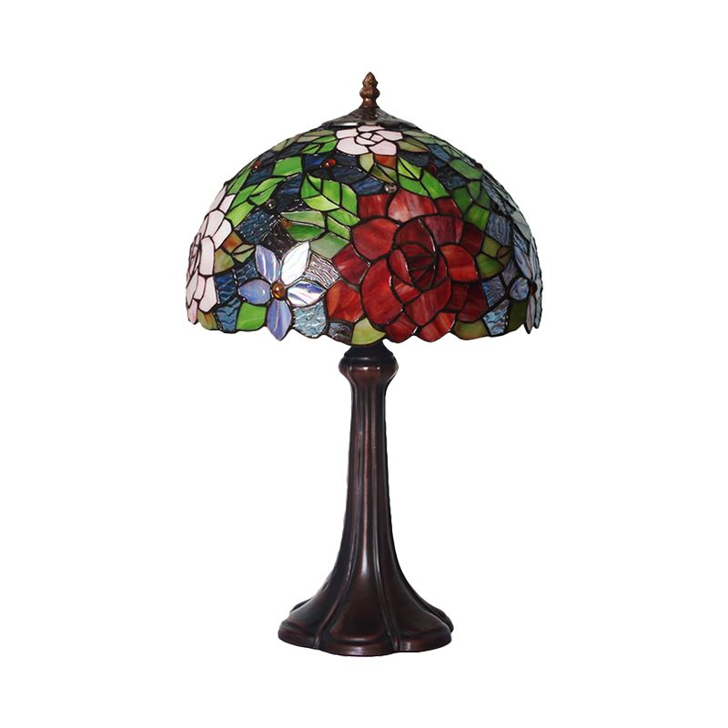Hand-Cut Stained Glass Rose Table Light Victorian 1 Head Bronze Night Stand Lamp