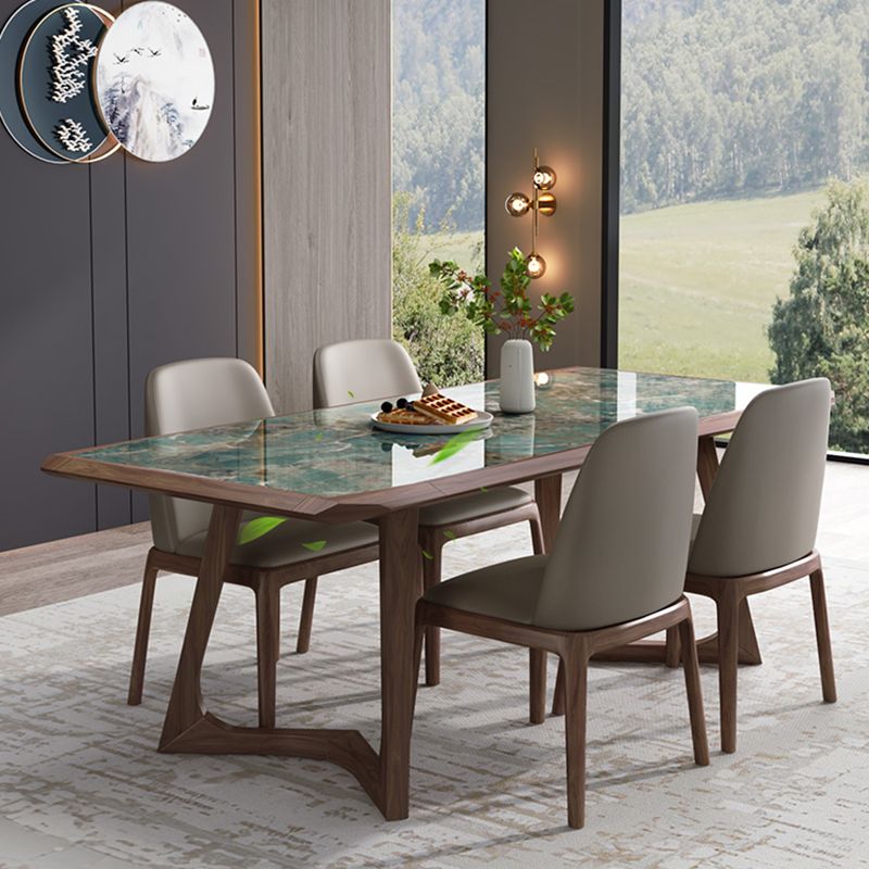 Modern Brown Finish Legs Dining Site Table Stone Top Double Pedestal Table