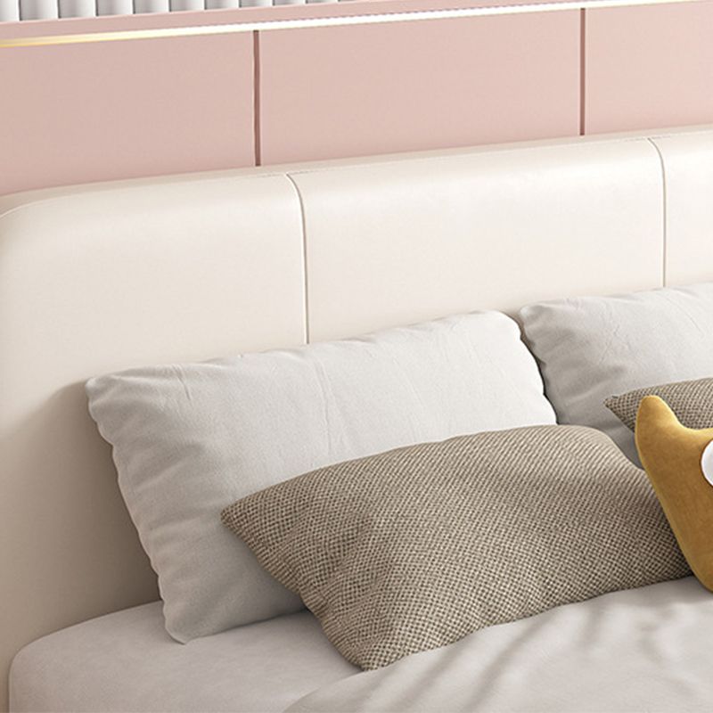 Glam Genuine Leather Bed Frame White Upholstered Low Profile Standard Bed