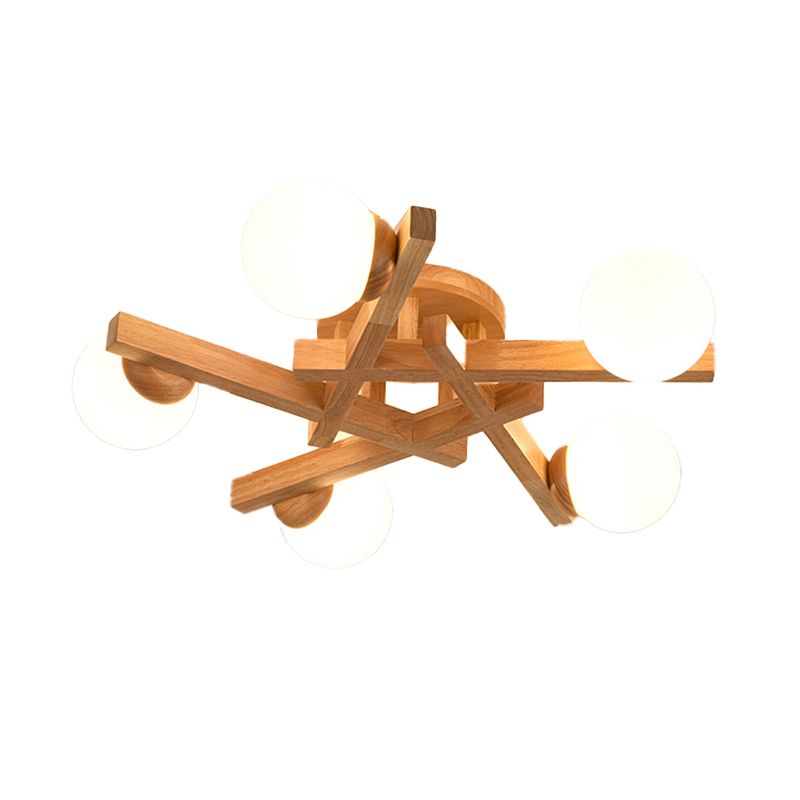 Nordic Flush Mount Globe Ceiling Light Fixture with Wood and Glass for Bedroom
