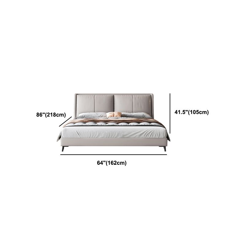 Modern Pine Wood Panel Bed Genuine Leather Bed Frame with Upholstered Headboard