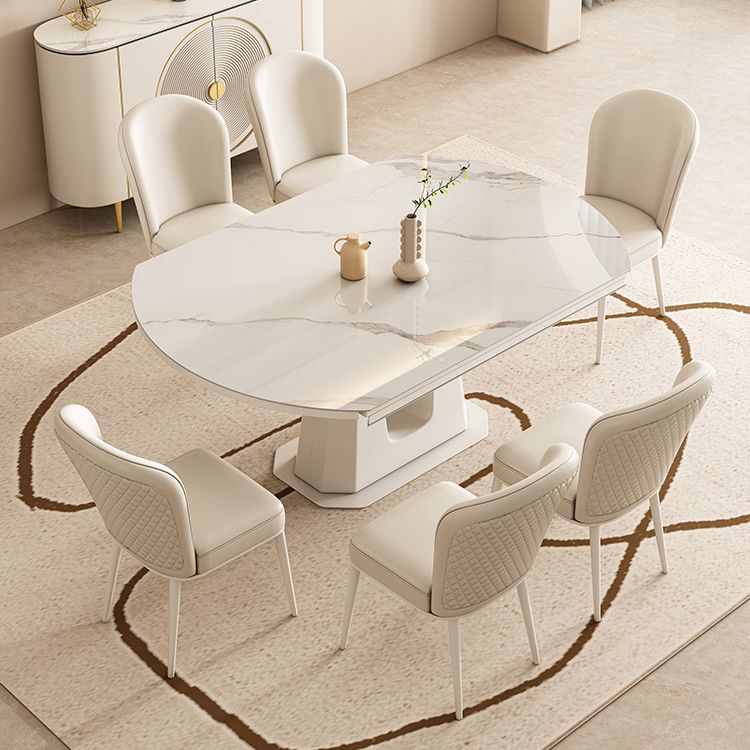White Modern Extendable Stone Dining Table with Double Drop Leaf
