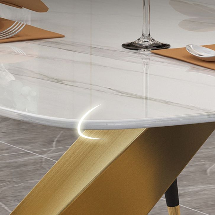 Minimalist Style Sintered Stone Dining Room Set with White Table and Gold Trestle Base for Home Use