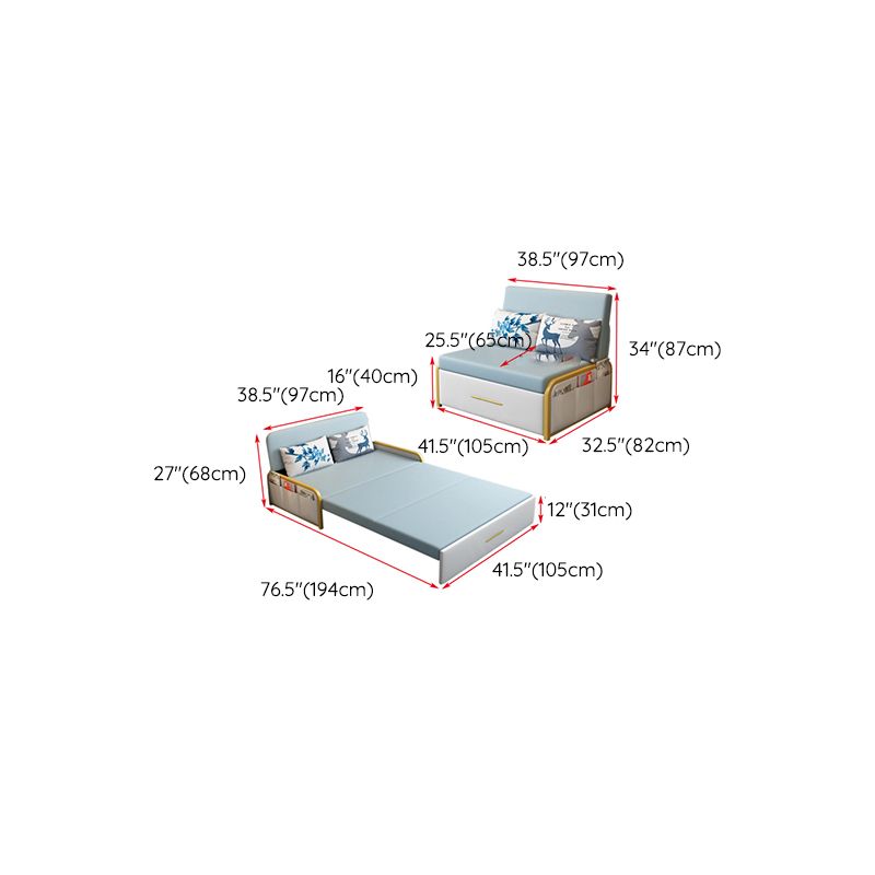 Glam Round Arms Futon Frame Bonded Leather Blue Sleeper Sofa