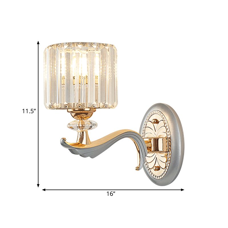 Modernist 1/2-Head Wall Light Fixture Gold Cylinder Wall Mounted Lamp with Clear Crystal Shade