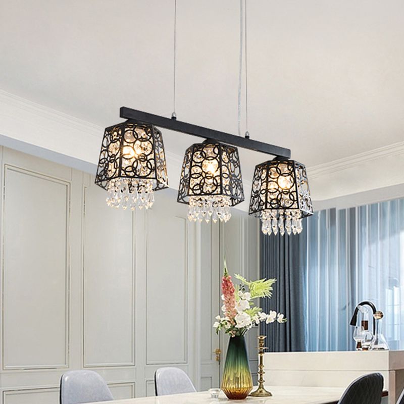 Black Ironic Shade Hanging Island Light Modern Crystal Droplet 3 Heads Kitchen Pendant Light Fixture