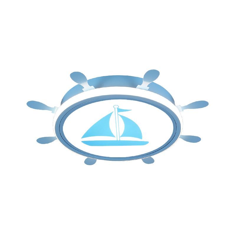Rudder Flush-Mount Light Fixture Mediterranean Acrylic LED Bedroom Flushmount with Sailboat Pattern in Blue/White, 18"/21.5" W