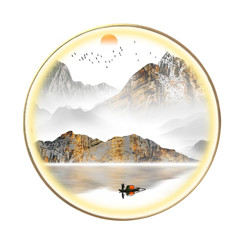 Gold Round Wall Mount Light Fixture Oriental LED Metallic Wall Mural Lamp with Mountain and Sun Pattern