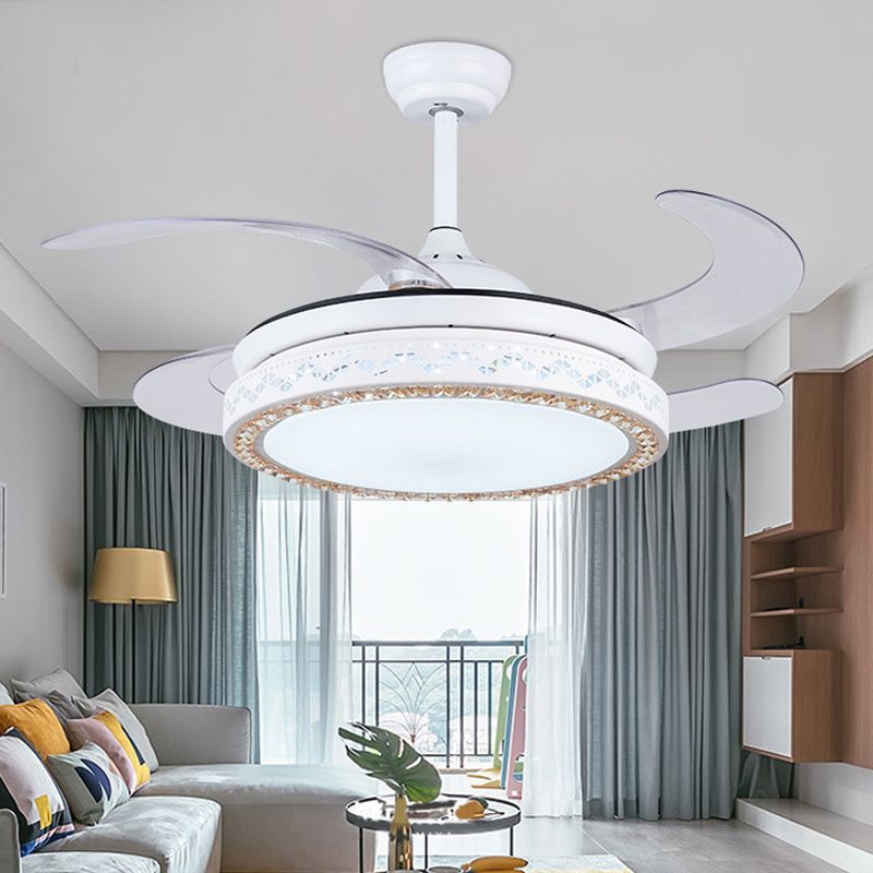 Ventilateur de suspension circulaire blanc moderniste acrylique 42 "W LED Salon Soump à chasse d'eau avec 4 lames, télécommande / mur / télécommande et contrôle mural