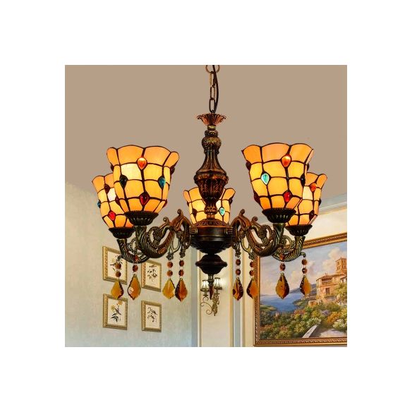 5 Lights Bell Shape Hanging Light Lodge Stained Glass Jewel Chandelier in Beige for Foyer