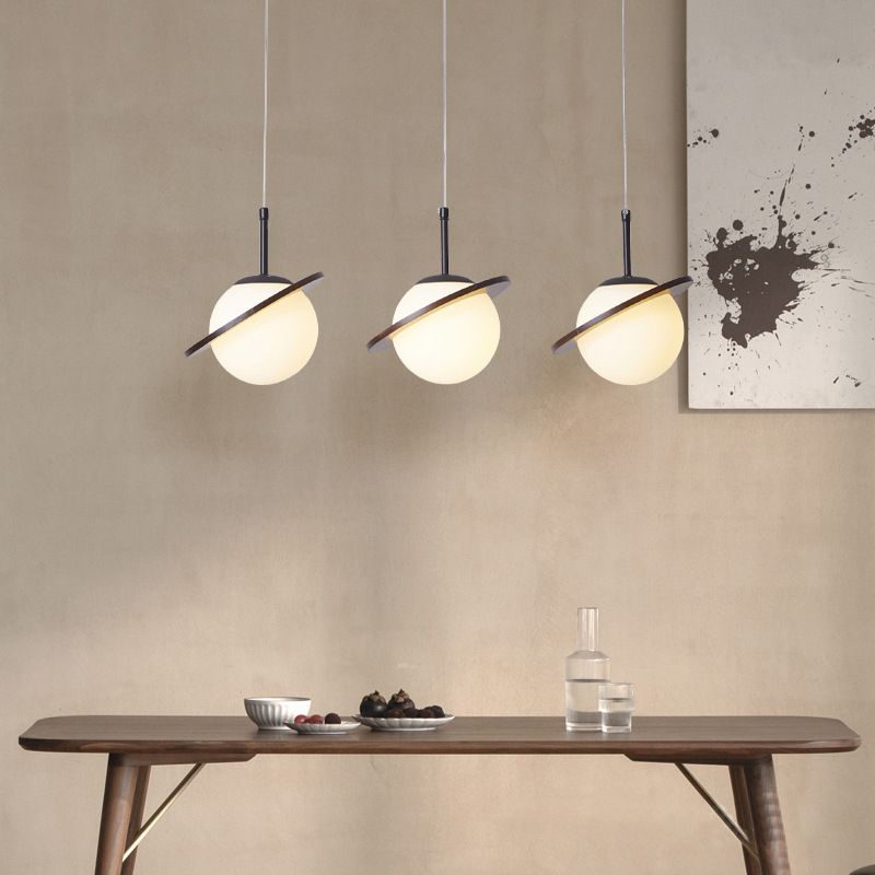Modern Style Ceiling Light with Moon Design Glass Shape, Wood Accents Cluster Lighting