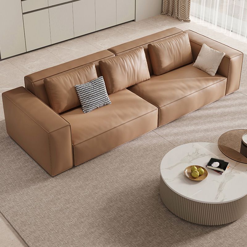 Brown Genuine Leather Square Arm Sofa Modern Style for Bonus Room