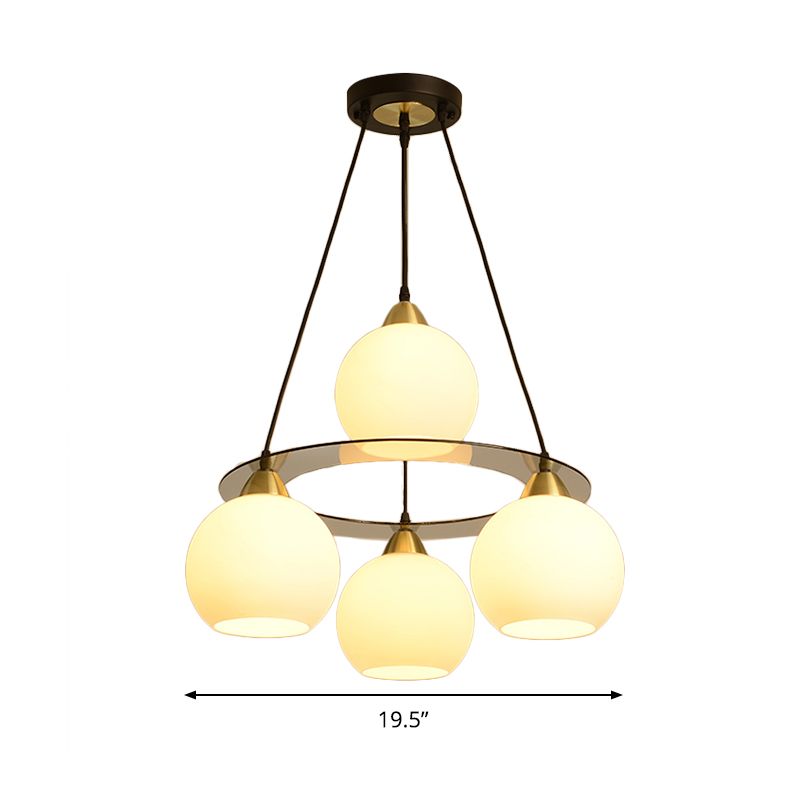 Modern 4 Heads Chandelier Light Black and Gold Spherical Ceiling Suspension Lamp with Opal Glass Shade