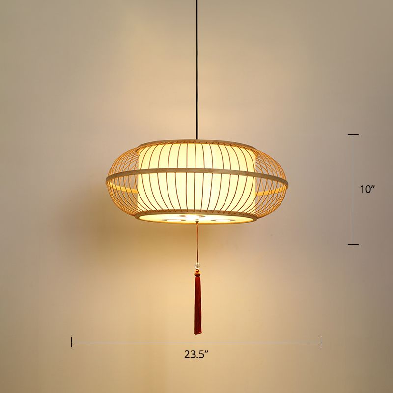 Drum Pendant Ceiling Lamp Asian Bamboo 1-Light Beige Suspension Light with Tassel Knot