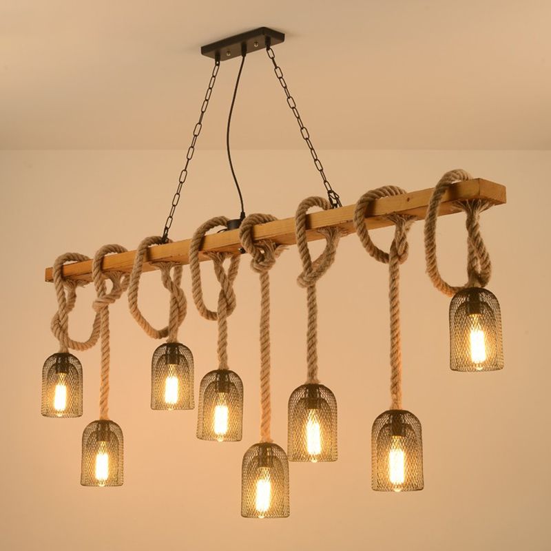 Metallic Elongated Dome Hanging Lamp Antique Restaurant Island Chandelier Light with Hemp Rope in Wood