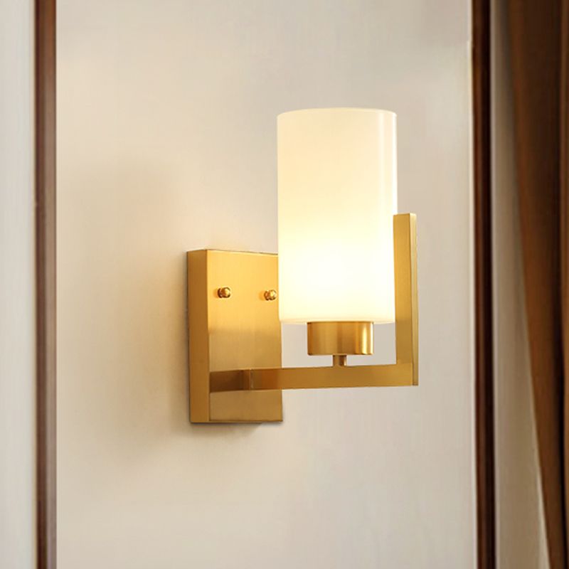 Minimalism Style Cylinder Wall Sconce Lamp 1 Light Opal Frosted Glass Wall Light in Brass for Bedroom