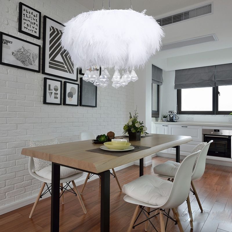 Round Fluff Chandelier Simple 3-Light White Dining Room Hanging Ceiling Light with Crystal Drop
