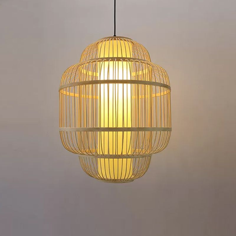 Bambus-Laterne Anhänger Beleuchtung Asian 1-Licht-Beige Down Lighting für Esszimmer, 16 "/19.5" /31.5 "W.