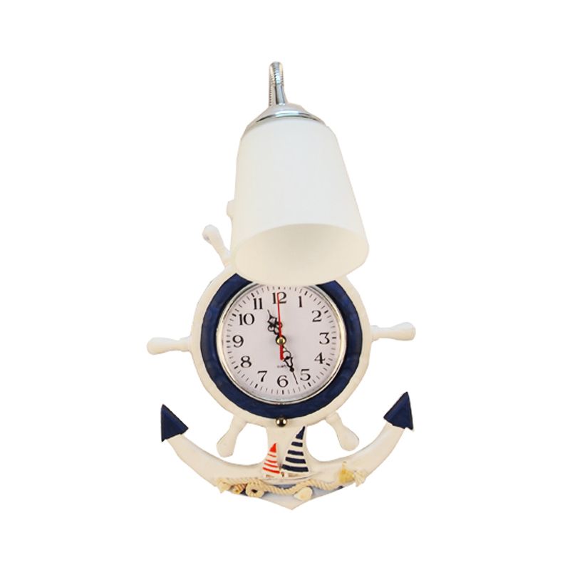 Niños 1 iluminación de apliques de bombilla Madera blanca azul flexible cuello de cuello luz de pared con sombra de vidrio y decoración del reloj de reloj