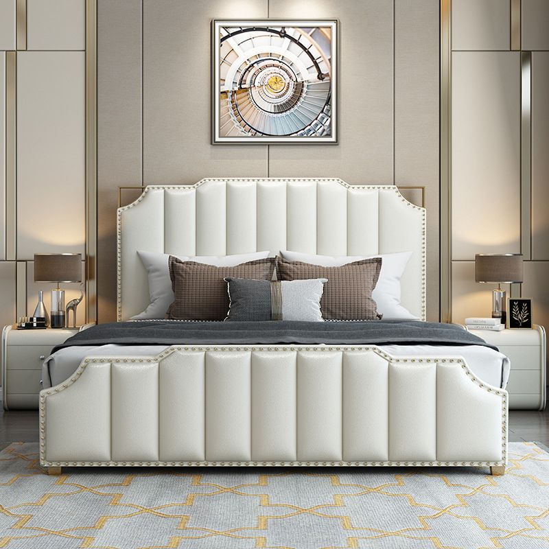 Contemporary Wood and Upholstered Panel Bed with Nailhead Trim