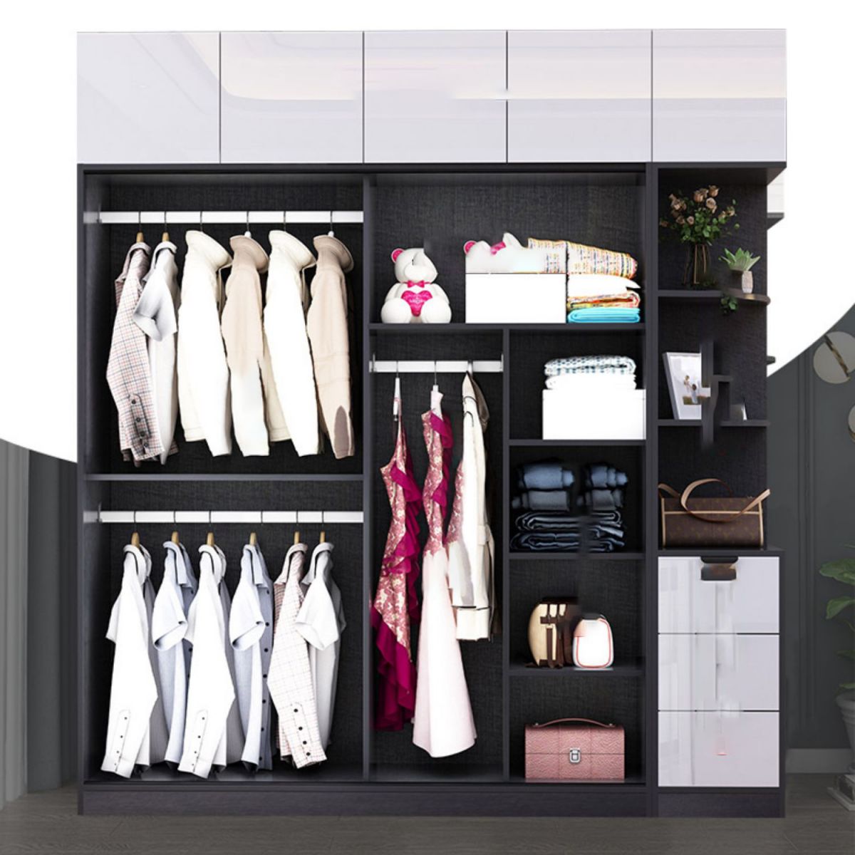 White Grey Wardrobe Cabinet Modern Wardrobe Closet with Shelves