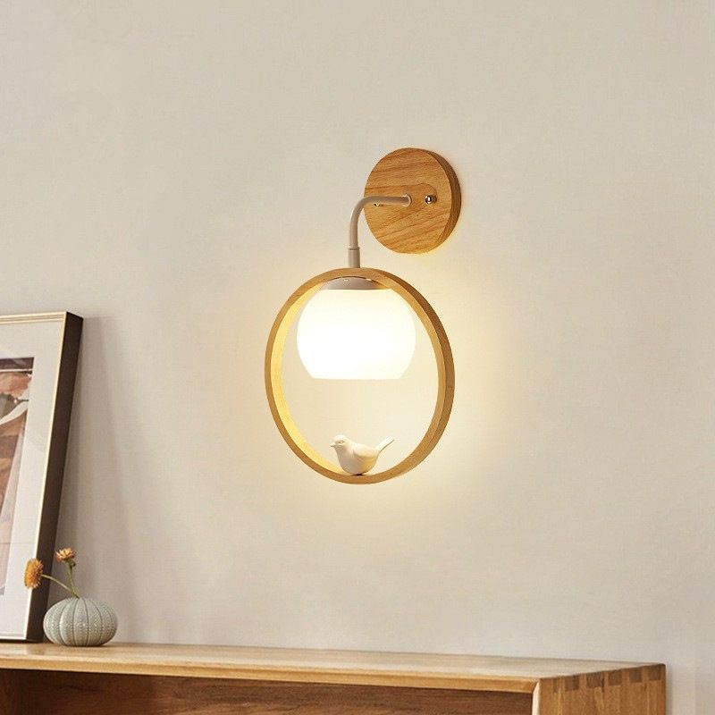 Modern Wood Wall Sconce Circle Shape Wall Light with Glass Shade for Living Room
