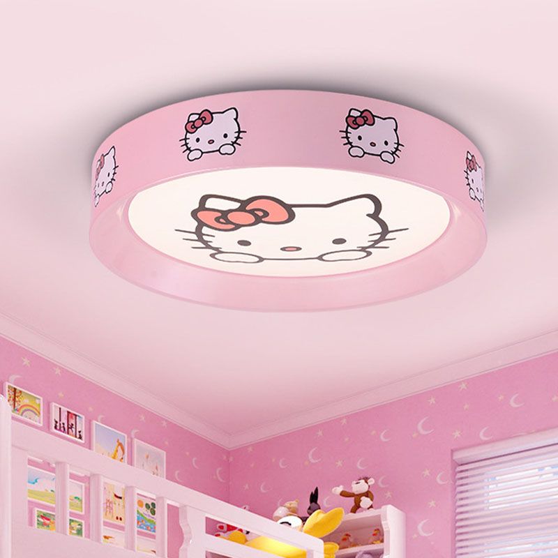 Round Nursery Flush Mount Light Metal LED Kids Flushmount Lighting in Pink with Cat Pattern, 16.5"/20.5" Wide