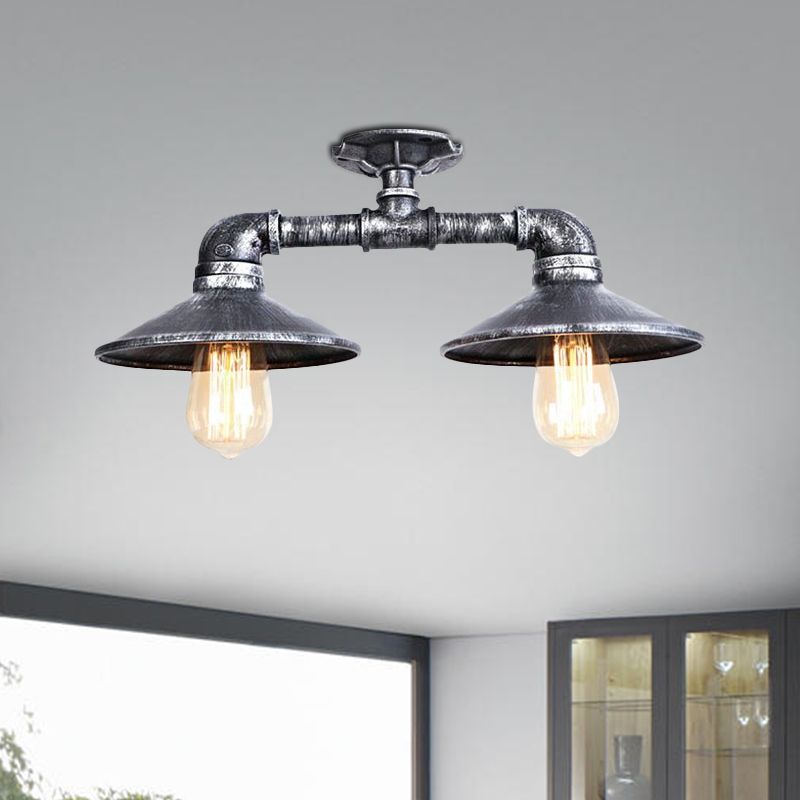 Platillo de hierro forjado, lámpara semiempotrada, estilo industrial, 2 luces, lámpara de montaje en techo para sala de estar, en bronce/plata envejecida