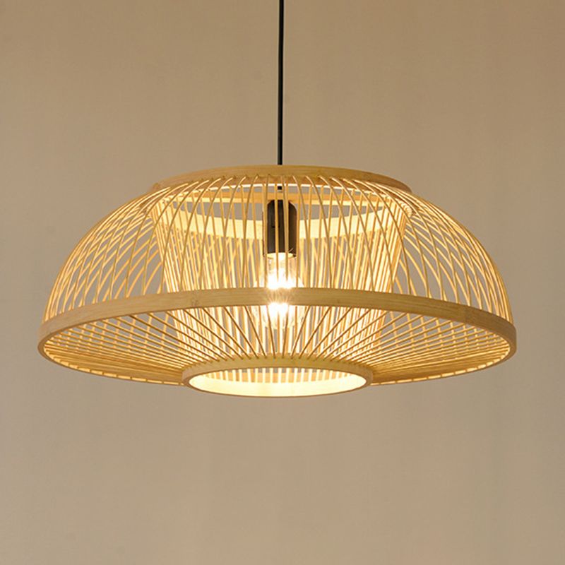 1-Light Bamboo Japanese Pendant Light Beige Down Lighting for Dining Room