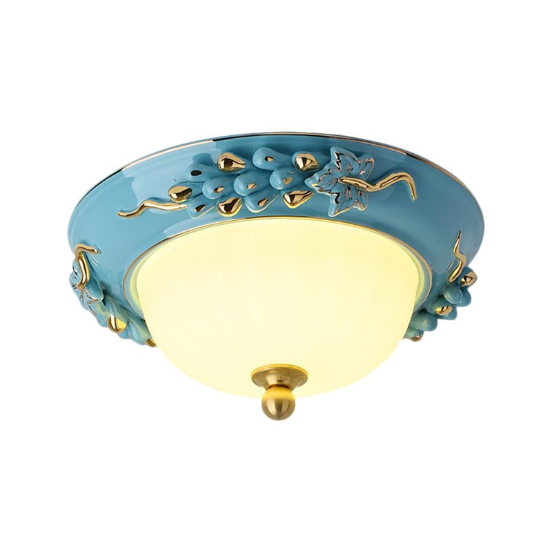 Blue 12"/14" W LED Ceiling Flush Antiqued Opal Glass Semicircle Flush Mount Lighting with Floral Design, Warm/White Light